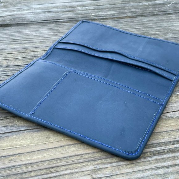 Leather Wallet Bi Fold Blue Card Holder Unisex Purse Handmade Genuine Leather - Picture 3 of 12